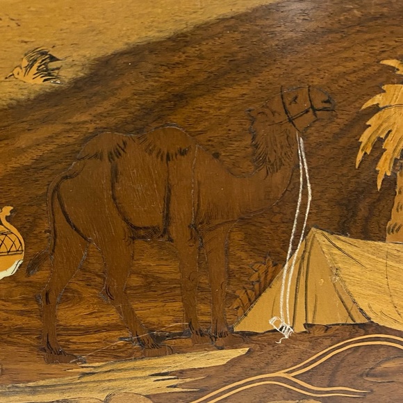 Vintage Wood Plaque Marquetry Inlay Middle East Campsite Tent Camel Palm Trees - Picture 5 of 10